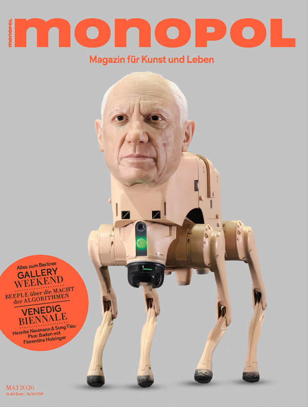 Titelseite Monopol: vierbeiniger Roboter mit realistischem menschlichem Kopf auf grauem Grund