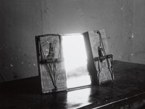 Two mouse traps standing up, surrounding a mirror in the same dimensions refelcting bright light.