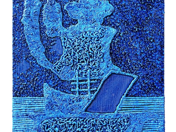 Kunstwerk von Max Freund, abstraktes, blaues Segelschiff, Öl pastos auf Holz gemalt