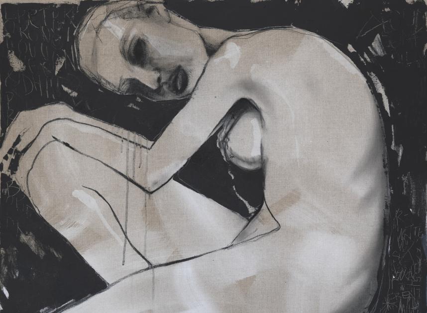 Bianca Daniel | To be yourself takes less space than expected. THE ARCHIVE OF UNFINISHED THOUGHTS V., 2025, Acrylic and charcoal on raw canvas, Foto: Oliver Reetz