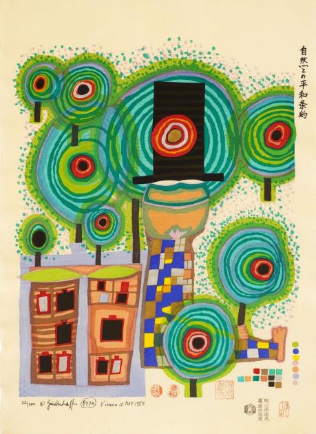 The picture shows a painting of Friedensreich Hundertwasser from 1987 named Friedensvertrag mit der Natur