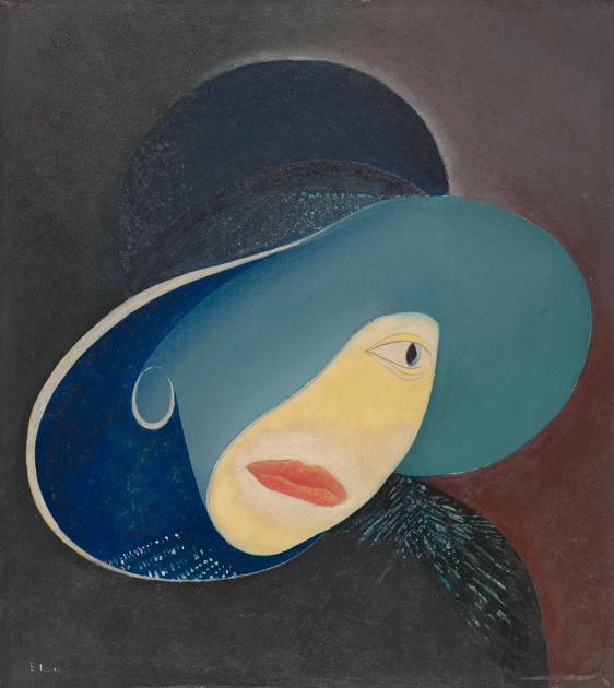 Gemälde von Edmund Kesting, ohne Titel und undatiert [1920er Jahre]. Abstraktes Frauengesicht mit großem Hut. 