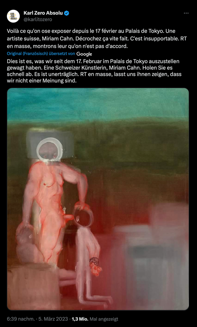 X-Post des französischen Moderators Karl Zéro zur Miriam-Cahn-Ausstellung im Palais de Tokyo in Paris 2023