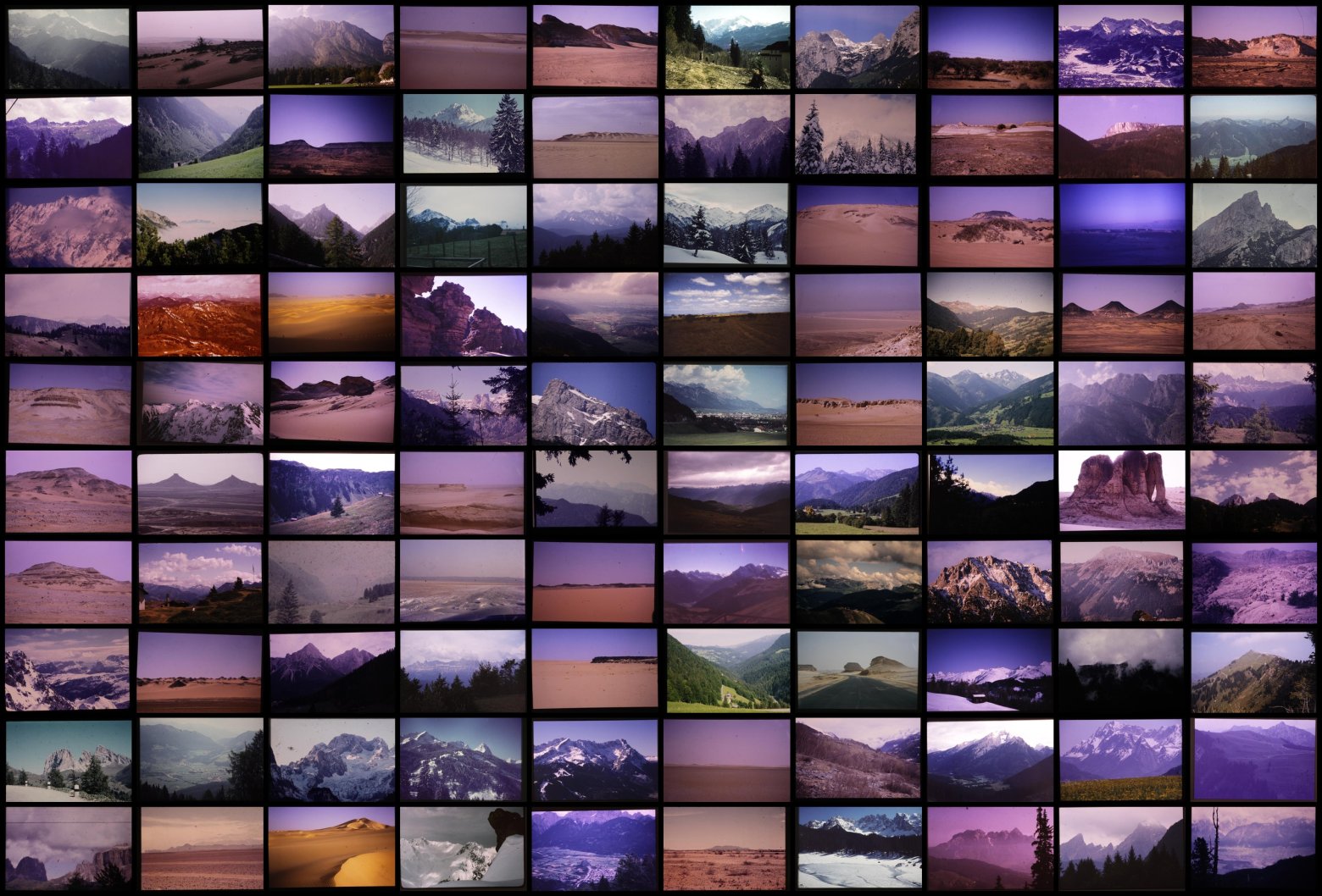 Fotocollage: Gitter aus zahlreichen Landschaftsfotos mit Bergen und Seen, variierte Tönungen.