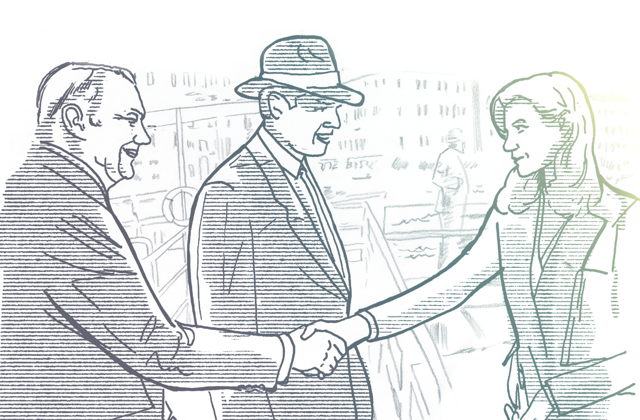 Illustration: Zwei Männer und eine Frau, Handschlag, Mann mit Hut dazwischen, urbane Kulisse.