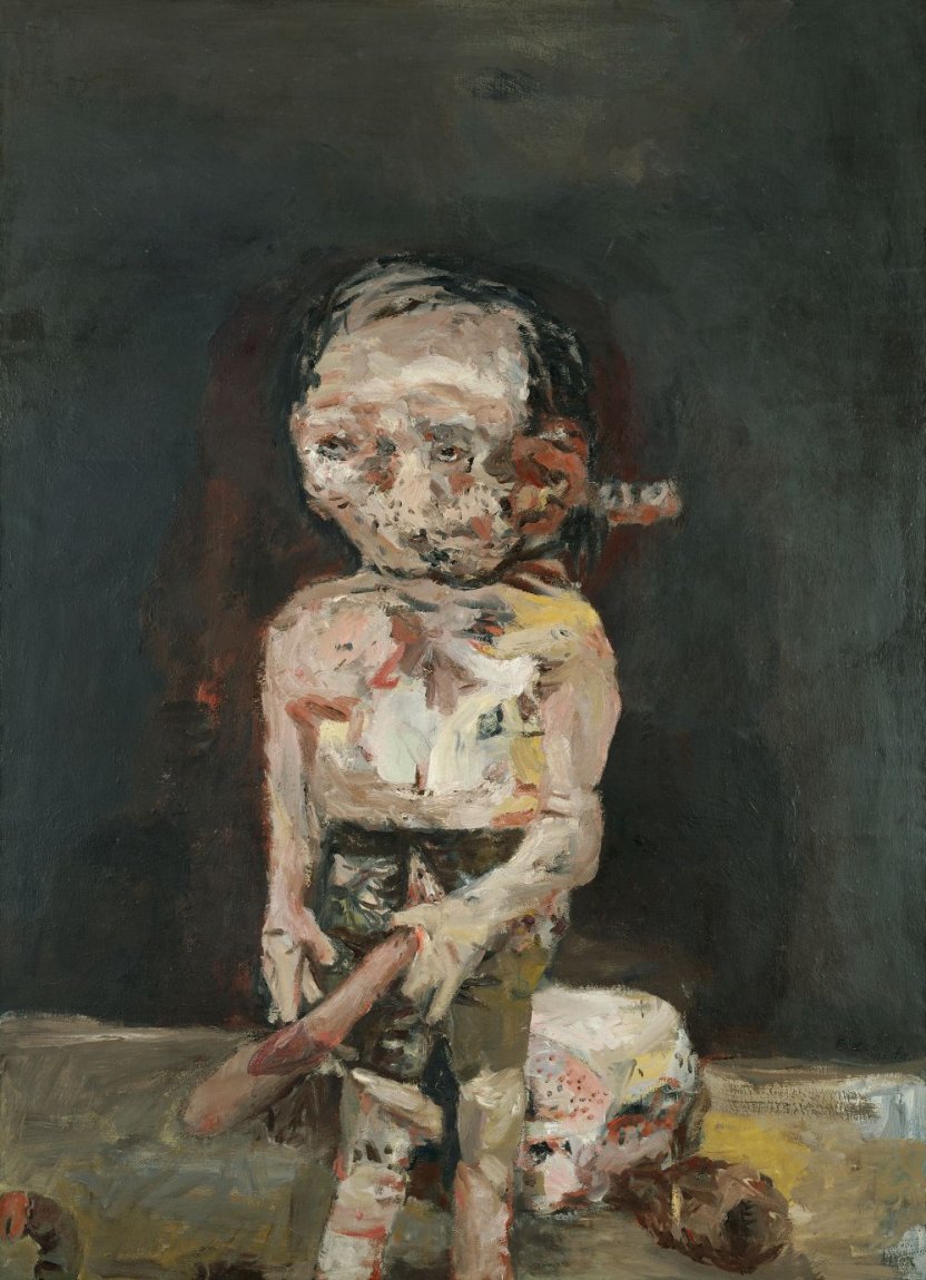 Georg Baselitz, Die große Nacht im Eimer, Gemälde; nackte Figur mit Phallus vor dunklem Grund.