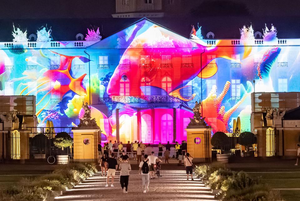Die Projektion "Le taxi pour l'avenir heureux" von Benjamin Jantzen bei den Schlosslichtspielen in Karlsruhe