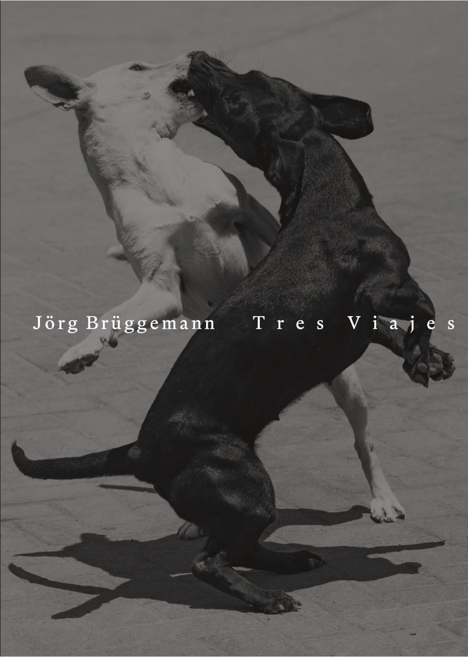 Buchcover: Jörg Brüggemann, Tres Viajes; Schwarzweißfoto zweier aufeinander springender Hunde.