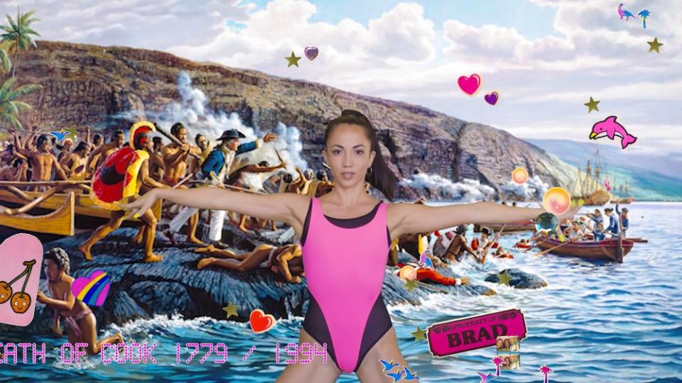 kekahi wahi (Sancia Miala Shiba Nash and Drew K. Broderick) und Bradley Capello, still vom "20-minute workout (work in progress)", 2023, zu sehen bei der Whitney Biennale in New York