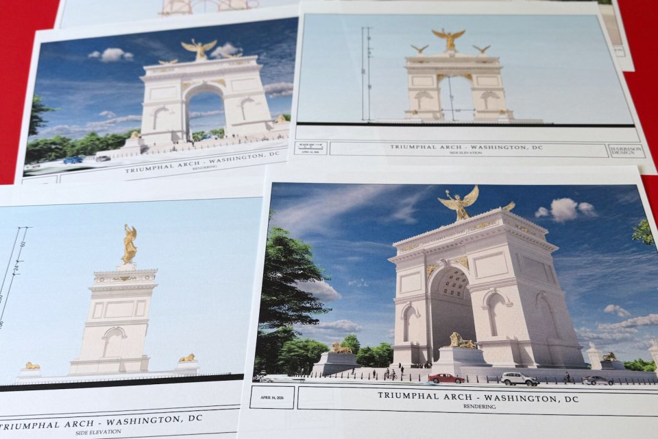 Mehrere Architektur-Renderings eines Triumphbogens mit goldener Statue, Washington, DC.