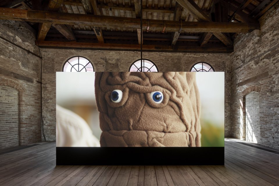 Aline Bouvy, La Merde: großer Screen im Luxemburg-Pavillon; Nahaufnahme brauner Form mit Augen.