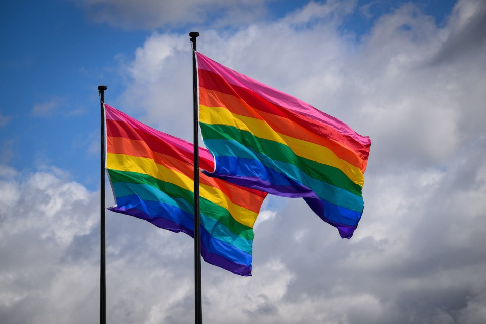 Foto: Zwei Regenbogenfahnen an Masten wehen vor wolkigem Himmel.