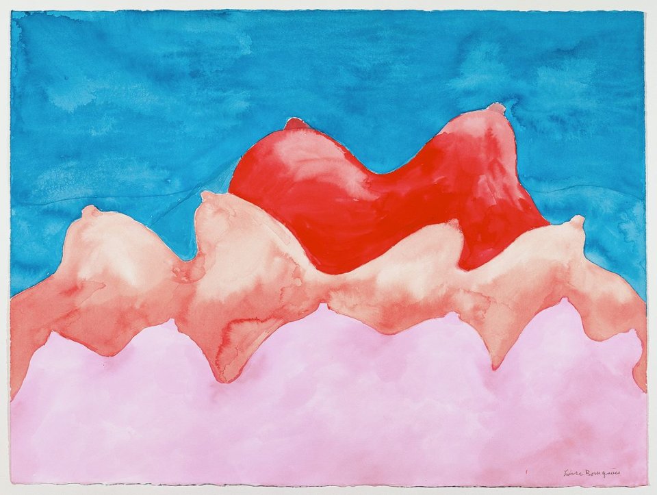 Gemälde mit blauer Fläche oben, rosa unten, rote Wellenform zentral.
