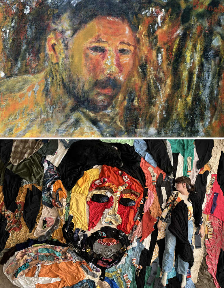 Original und Nachbau: Pierre Bonnard "Selbstporträt mit Bart" (1925, oben) und Eliza Reinhardts Interpretation mit Kleidungsstücken