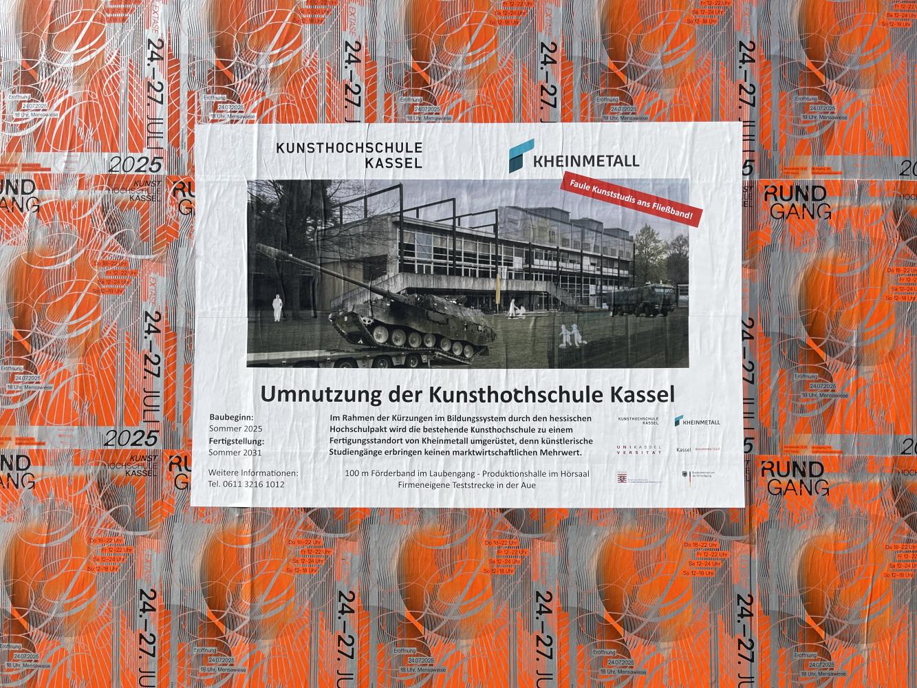 Studentische Intervention mit "Kheinmetall-Plakat" an der Kunsthochschule Kassel