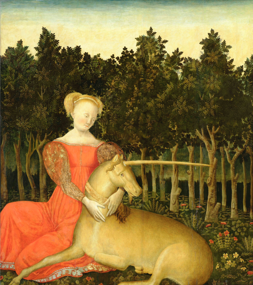 Dario di Giovanni zugeschr., ehemals Meister des Paris-Urteils/der Helena-Geschichte "Jungfrau mit Einhorn (Portrait der Caterina Corner als Allegorie der Keuschheit"), um 1467/68