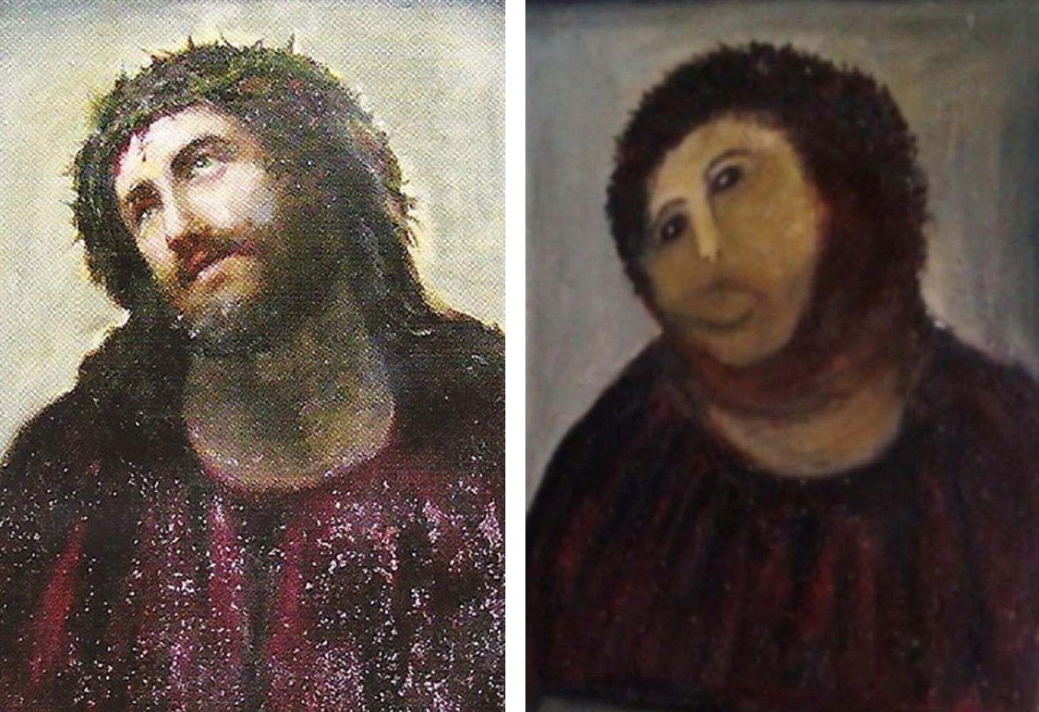 Ecce Homo vor (links) und nach der Restaurierung