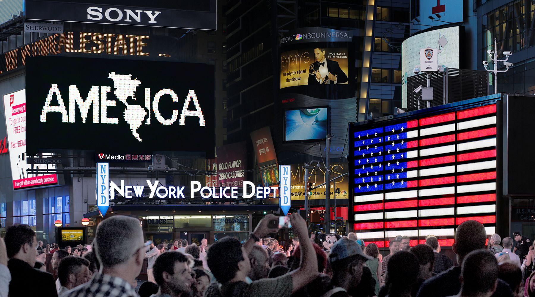 Alfredo Jaar "A Logo for America", 1987, Präsentation 2024 auf dem New Yorker Times Square