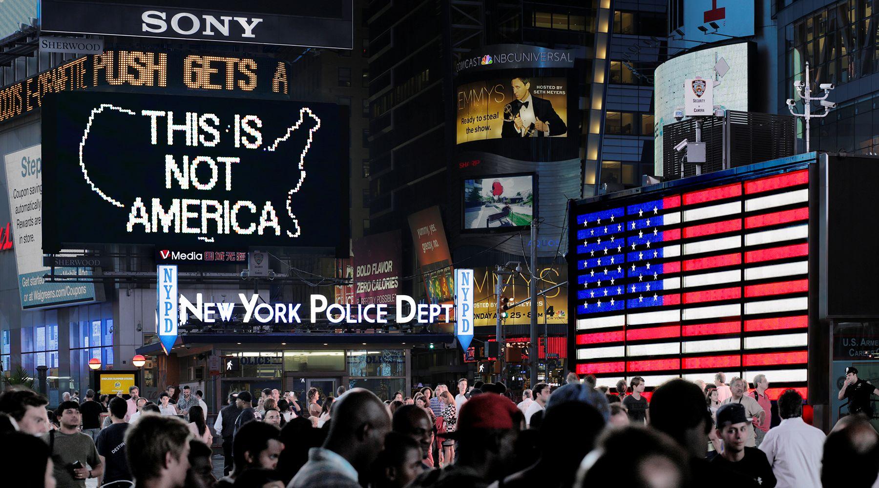 Alfredo Jaar "A Logo for America", 1987, Präsentation 2024 auf dem New Yorker Times Square