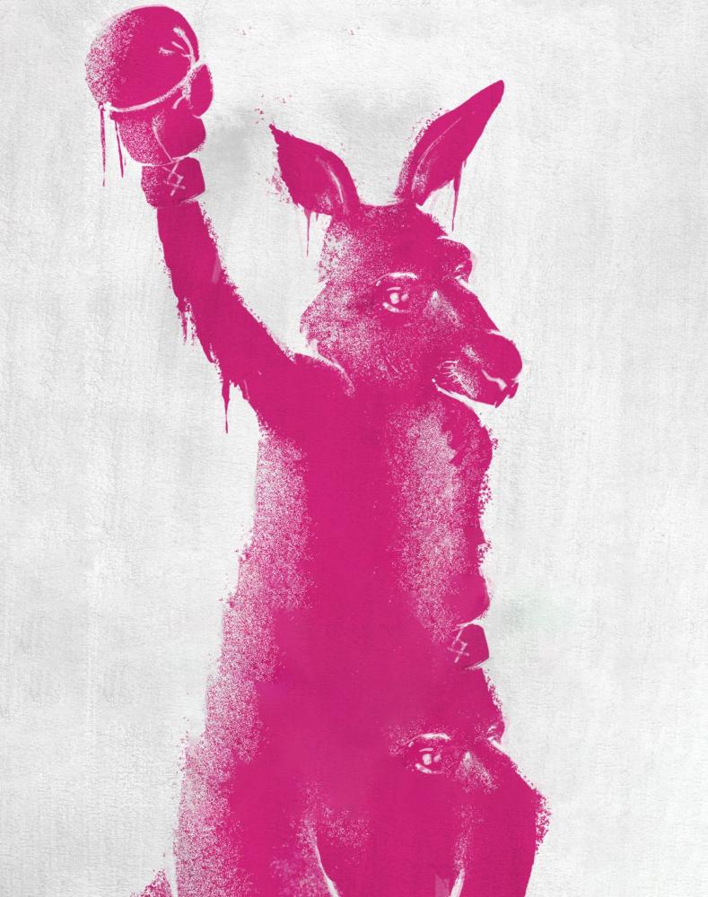 Illustration eines pinken Kängurus in Stencil-Optik, das eine tropfende Kugel hochhält.