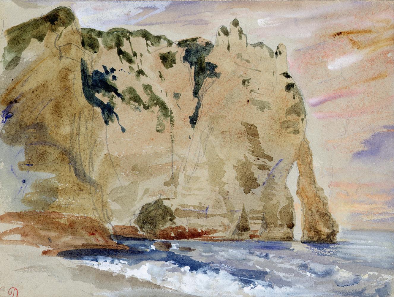 Eugène Delacroix "Étretat. Die Porte d’Aval," um 1840 oder 1846. Bleistift, Aquarell und Gouache auf Papier, 15 x 20 cm Musée Marmottan Monet, Paris, legs Michel Monet, 1966. Inv. 5034