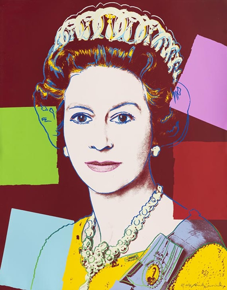 Andy Warhol, Porträt aus 'Reigning Queens', Siebdruck; bunte Flächen, klare Konturen, frontal.