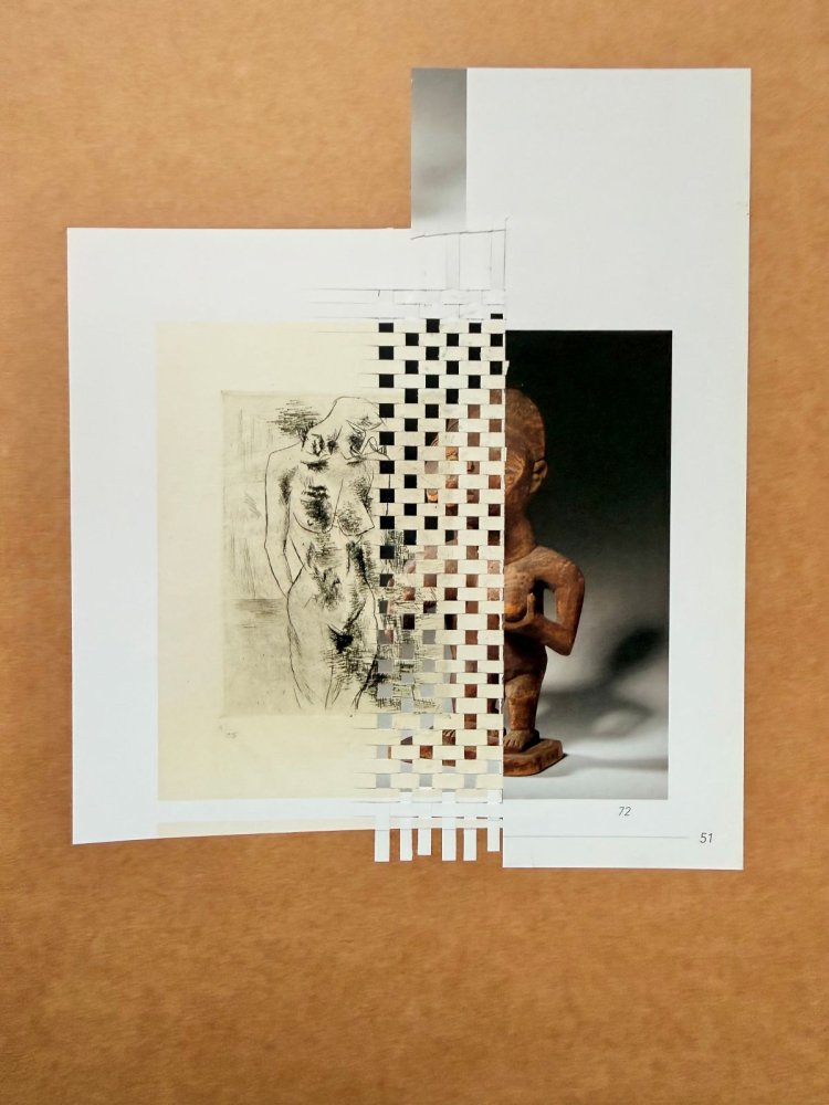 Papiercollage mit Zeichnung, Skulpturfoto und gelochtem Raster.