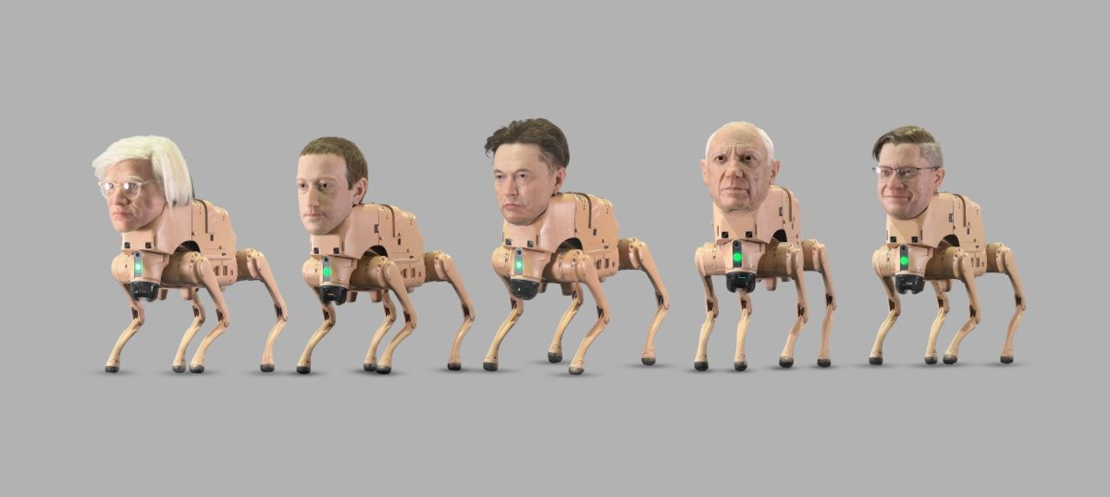 Warhol, Zuckerberg, Musk und Picasso als kniehohe Roboterhunde: Beeple "Regular Animals", 2025