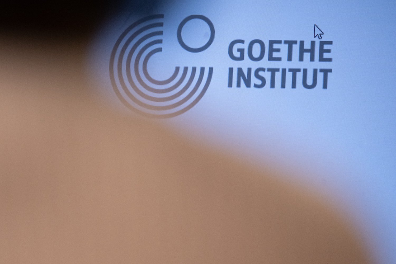 Logo des Goethe-Instituts; Wort-Bild-Marke mit konzentrischen Halbkreisen, unscharfer Vordergrund.