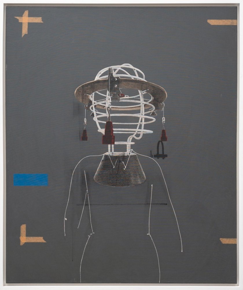 Collage und Zeichnung: abstrakte Figur mit weißer Kontur, Collagekopf mit Quasten, blaue Fläche