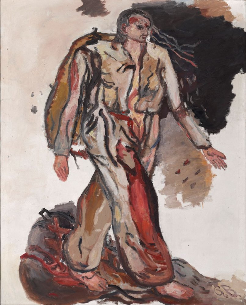 Georg Baselitz, Bonjour Monsieur Courbet, 1965; pastoses Gemälde, schreitende Figur in Braun/Rot.