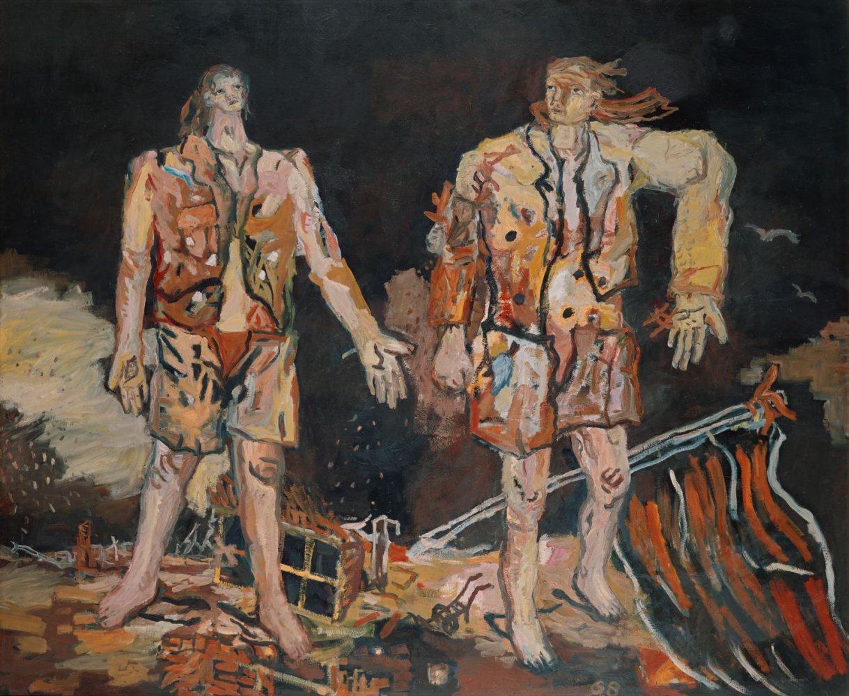 Georg Baselitz, Die großen Freunde (1965), Öl auf Leinwand; zwei Figuren zwischen Trümmern.