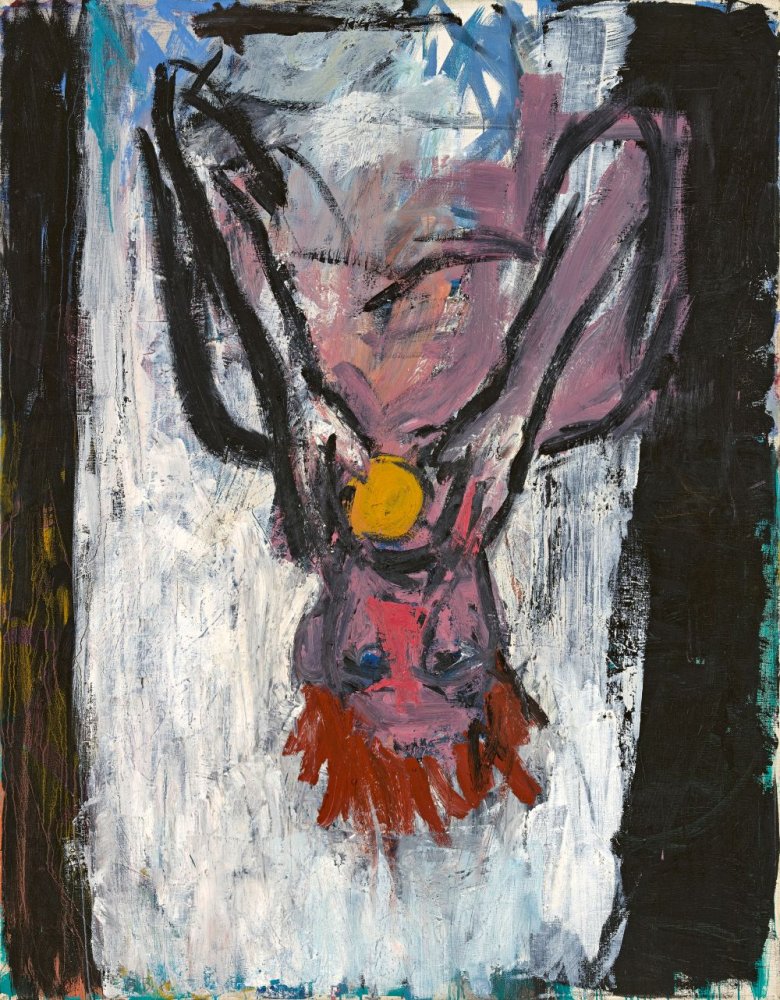 Georg Baselitz, Orangenesser I, 1981, Gemälde; auf dem Kopf stehende Figur mit Orange