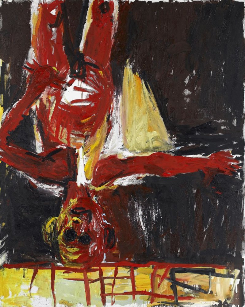 Georg Baselitz, Maler mit Segelschiff, Gemälde: auf dem Kopf stehende rote Figur, gelbe Segelform
