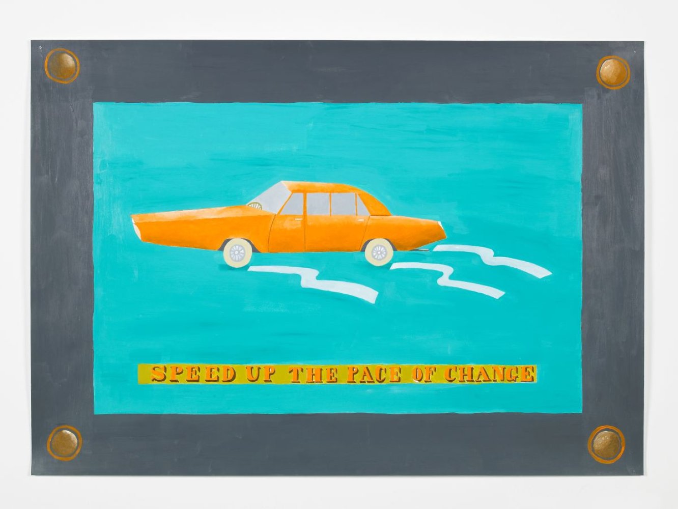 Gemälde mit orangem Auto auf türkisem Feld
