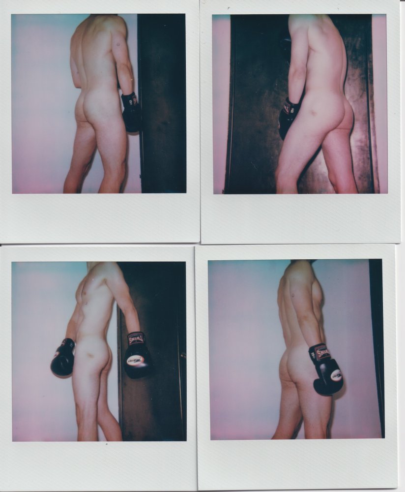 Aktfotografie, vier Polaroids im 2x2-Raster: Rückenansichten mit Boxhandschuhen im Innenraum.